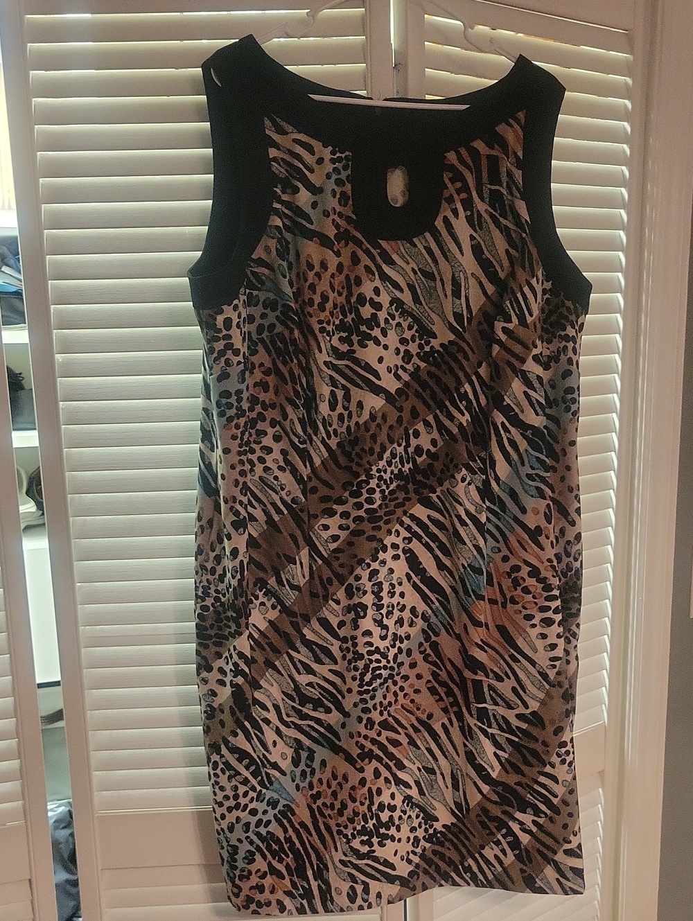 dressbarn Multicolored With Black Trim Animal Print Shift Dress